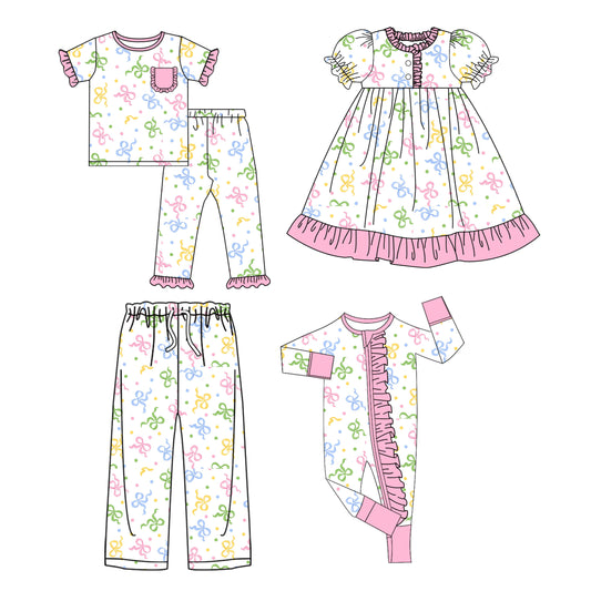 25.9.23 custom each style moq 8 eta 6-8week Sibling Sister bow baby short sleeve pants sets and romper and dress and adult pants match design