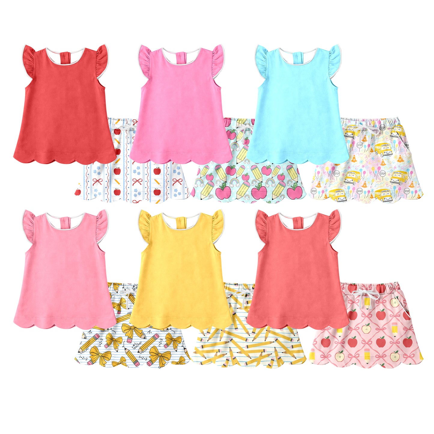 Custom moq 5 mix size Sibling Baby Girl's Solid Color Flutter Sleeve Top And Short Skirt Set Back-to-School Outfit
