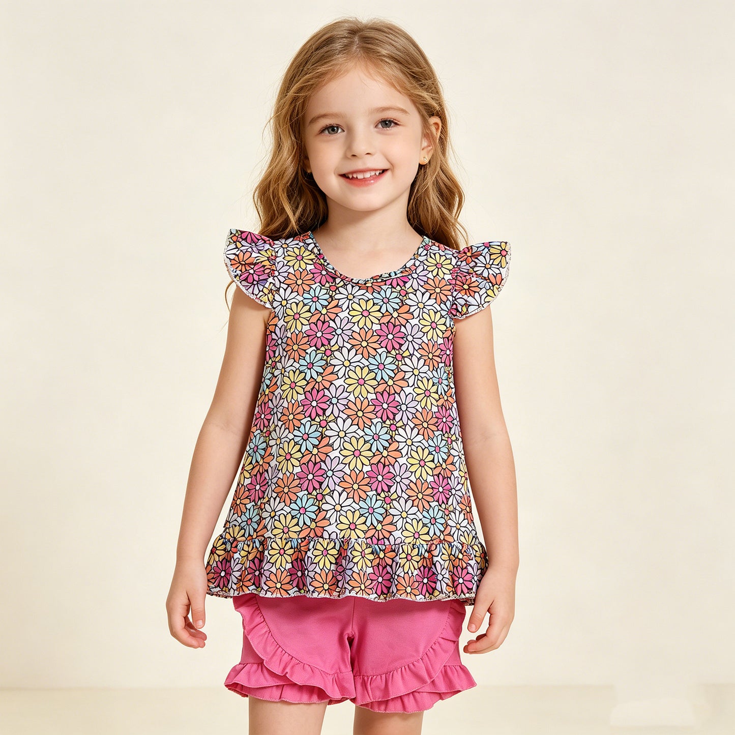 RTS NO MOQ GSSO3353 Colorful Daisy Floral Back Bow Tunic Casual Clothes Sets