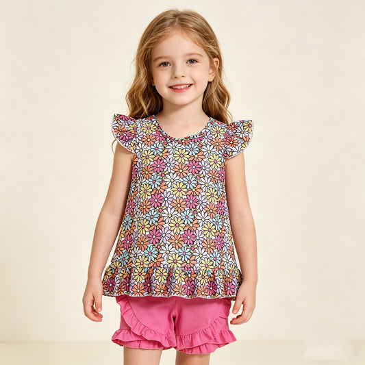 RTS NO MOQ GSSO3353 Colorful Daisy Floral Back Bow Tunic Casual Clothes Sets