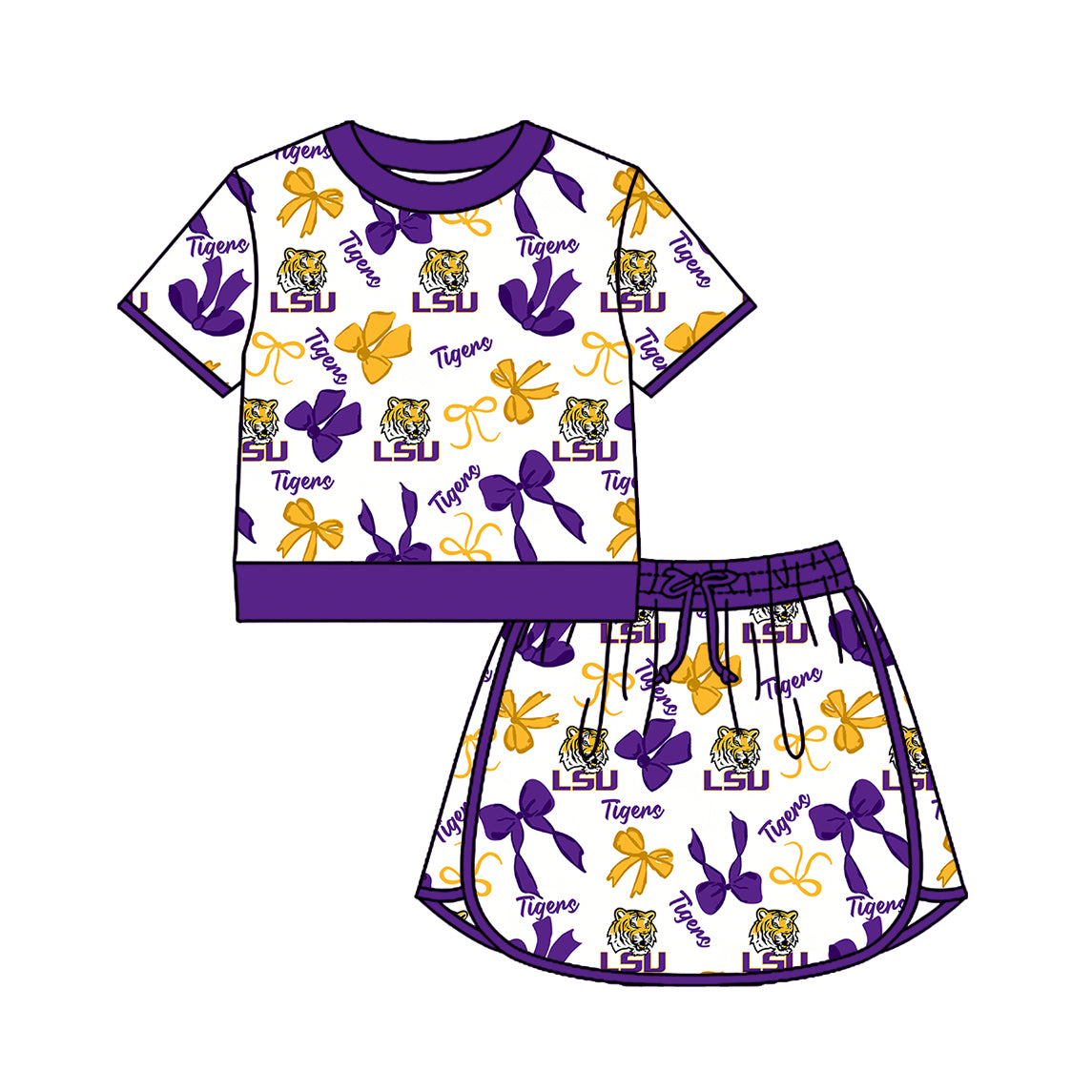 Custom moq 5 mix size summer teams Girls Polka Dot Top Shorts Set Purple Bows Top Skirt Short Set Zipper Pullover Pants Set