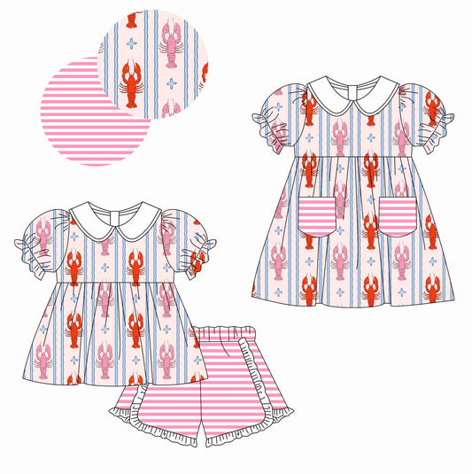 25.12.11 custom each style moq 5 eta 6-8week Sibling Sister lobster baby short sleeve shorts sets and dress match design