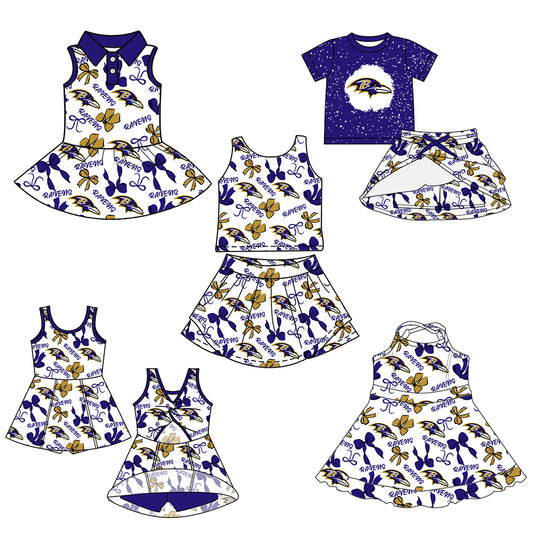 Custom moq 5 mix sizes summer teams baby girls clothes team blue short sleeve skirts shorts sets 1 and skirts sets 2 and and skirts sets 2 and dress 1 and dress 2 and dress 3 and dress 4-25.6.9
