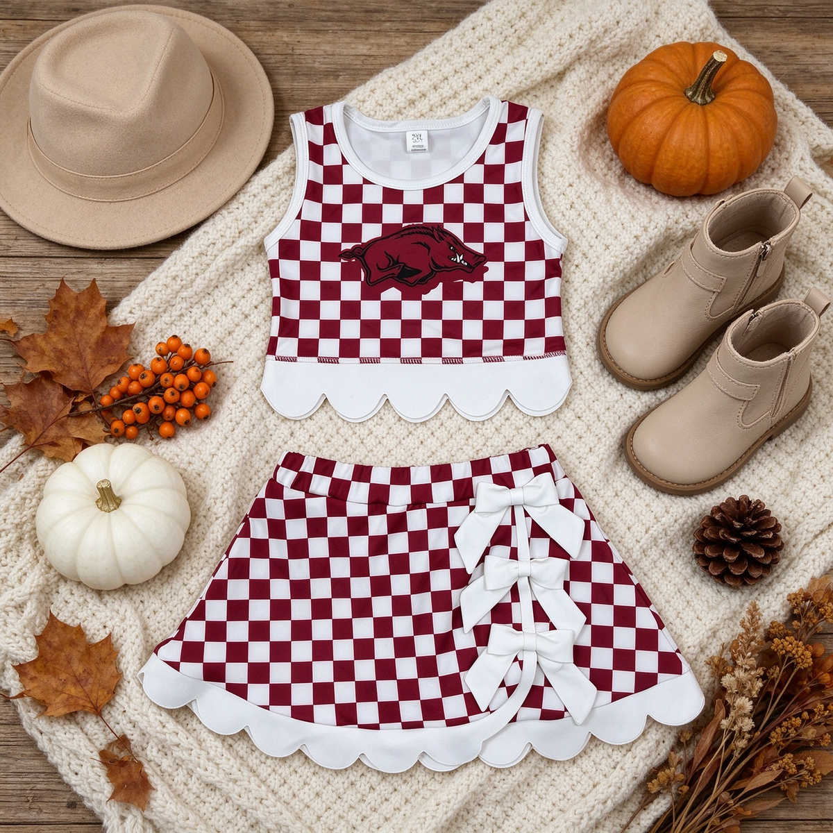 NEW RTS NO MOQq yoga fabric GSD4286 Yoga Baby Girls Checked Bows Scallop Trim Skirt Short Yoga Team Set