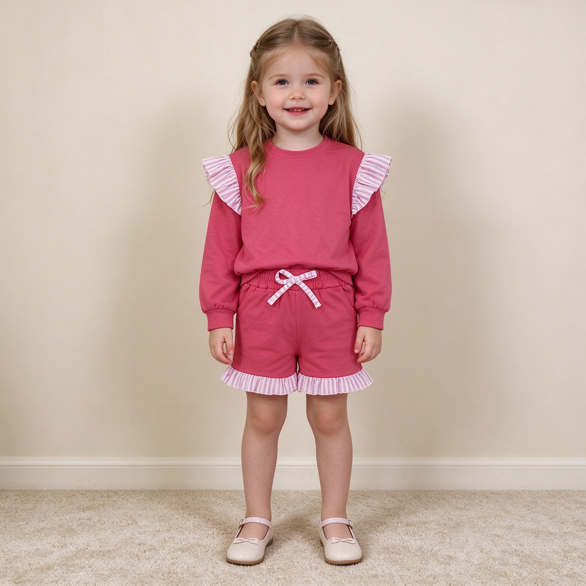 NEW RTS NO MOQ milk silk GLS0221（GT1848+SS1001）Baby Girls Watermelon Red Stripe Flutter Sleeve Top Pockets Ruffle Short Set