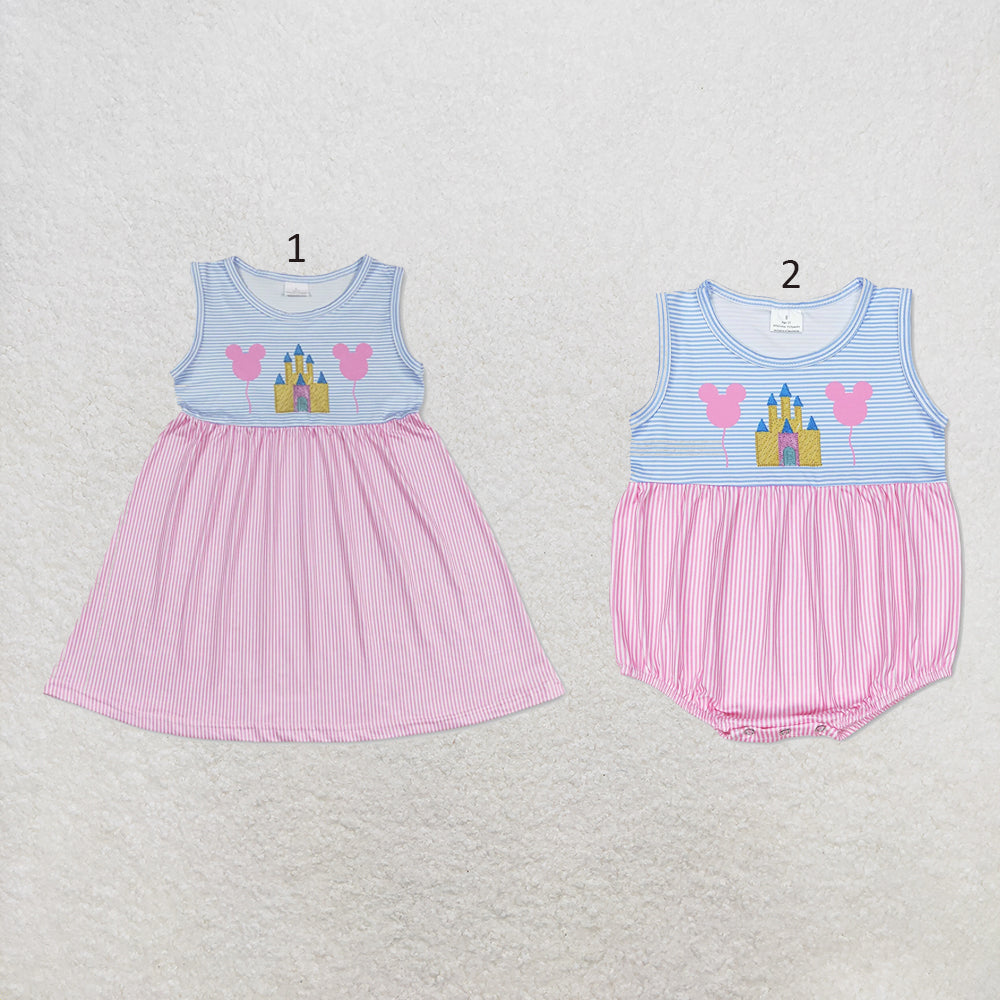 RTS NO MOQ Sibling milk silk Cute Clothes Baby Girls Pink Stripe Sleeveless Knee Length Dress Rompers