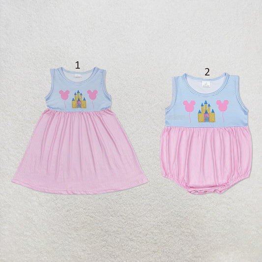 RTS NO MOQ Sibling milk silk Cute Clothes Baby Girls Pink Stripe Sleeveless Knee Length Dress Rompers