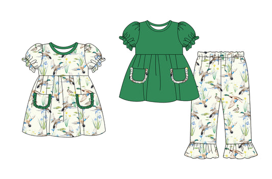 25.9.10 custom each style moq 5eta 4-6week Sibling Sisters duck green baby girl long sleeve pants sets and dress match family design