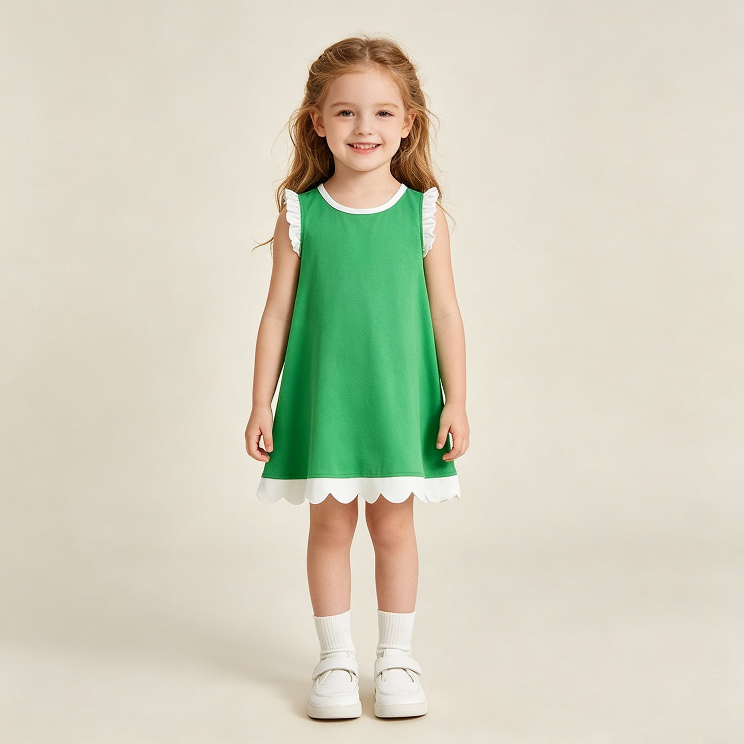 RTS NO MOQ cotton GSD4055 Baby Girls Green Sleeveless Scallop Trim Knee Length Dress