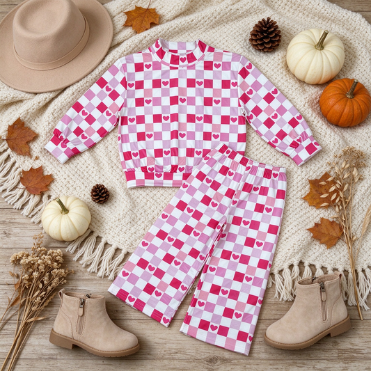NEW RTS NO MOQ milk silk GLP3867 High Neck Baby Girls Casual Pink Checked Hearts Choker Top Flare Pant Valentines Set