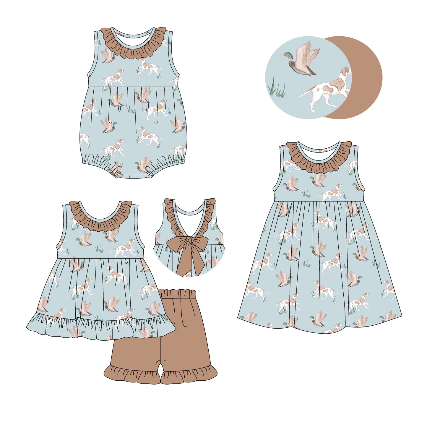 3.5 custom each style moq 5eta 4-6week Sibling Sisters duck puppy baby girl short sleeve shorts sets and dress and rompers match family design