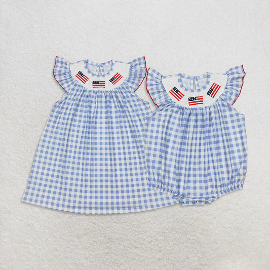 RTS NO MOQ Sibling baby girl clothes embroidery smocked 4th of july flag flying-sleeved romper dress