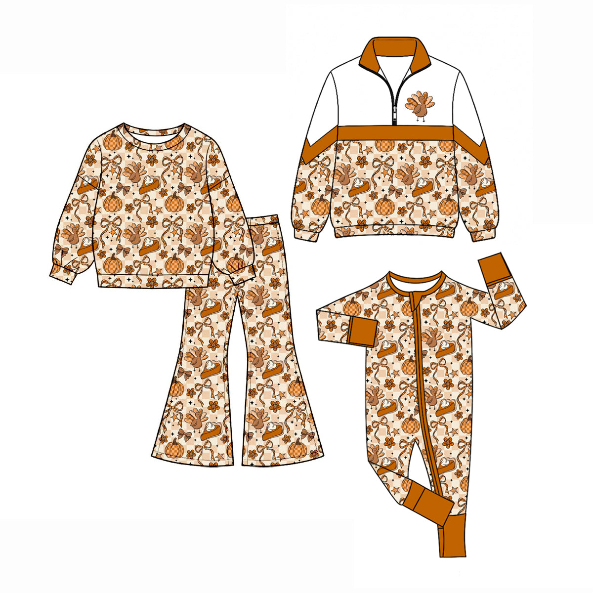 (Preorder new) No moq Baby Girls Thanksgiving Turkey Pumpkin Top Flare Pants Sets Rompers Zip Pullovers Top