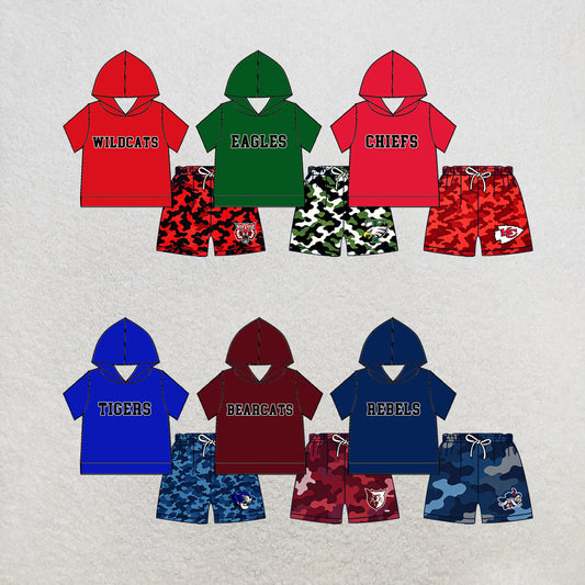 custom moq 5 mix size MSD070406 Baby Kids Long Sleeve Hooded Top And Camo Elastic Waist Shorts Clothes Set