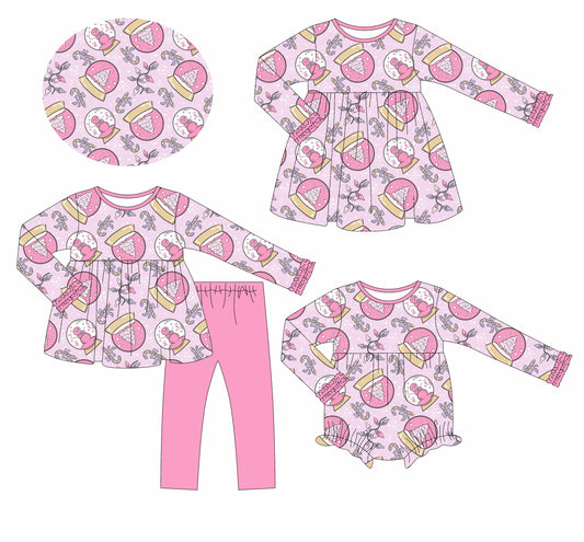 25.6.9 custom each style moq 5eta 4-6week Sibling Sisters Christmas trees pink baby girl long sleeve pants sets and dress and rompers match family design