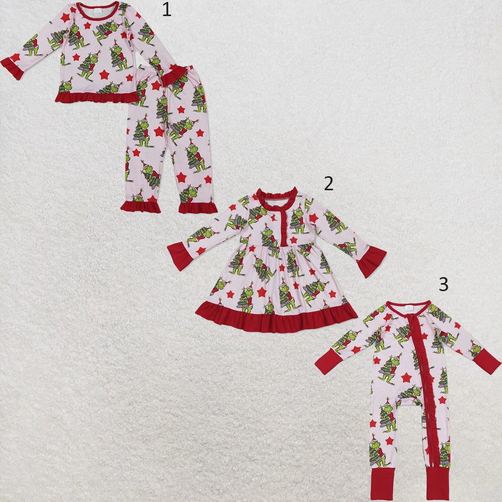 RTS NO MOQ Sibling milk silk Cute Clothes Baby Girls Star Print Zipper Footed Romper Knee Length Dress Christmas Pajama Set