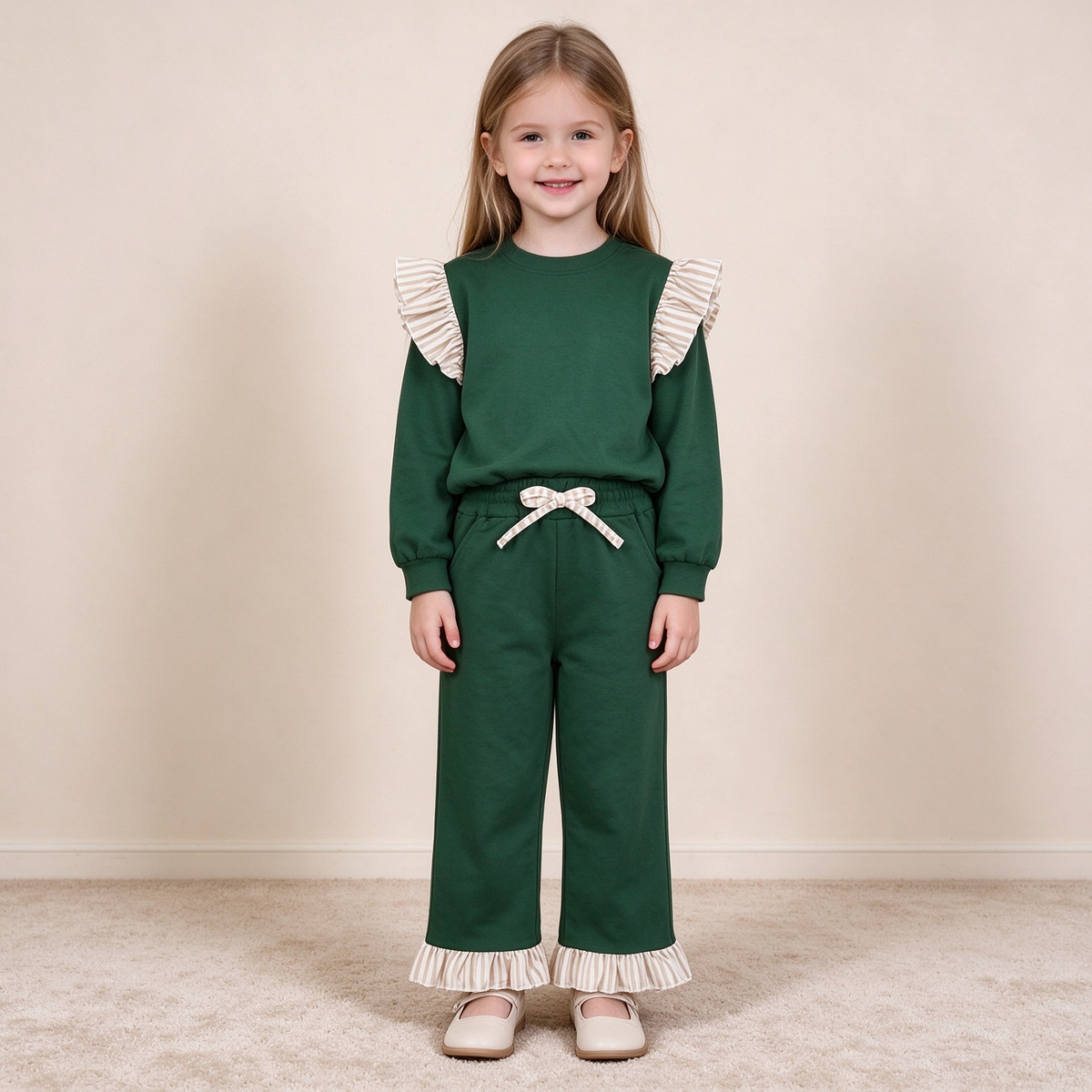 NEW RTS NO MOQ cotton GLP3698（GT1845+P1154）Baby Girls Green Stripe Flutter Sleeve Top Pockets Ruffle Pant Set