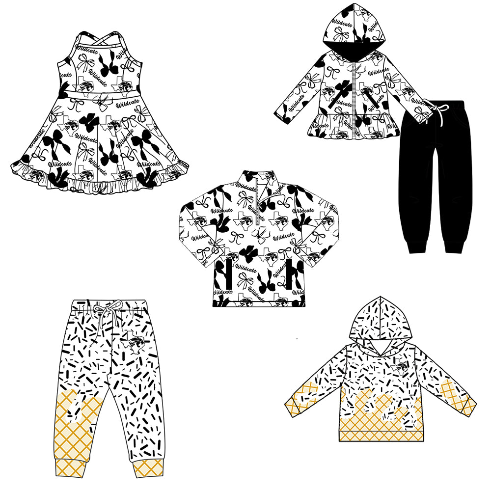 Custom moq 5 mix size milk silk summer teams baby girls clothes bow black hooded long sleeve pants sets and dress and top and hooded top and pant-25.8.13