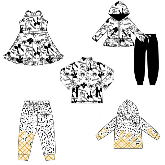 Custom moq 5 mix size milk silk summer teams baby girls clothes bow black hooded long sleeve pants sets and dress and top and hooded top and pant-25.8.13