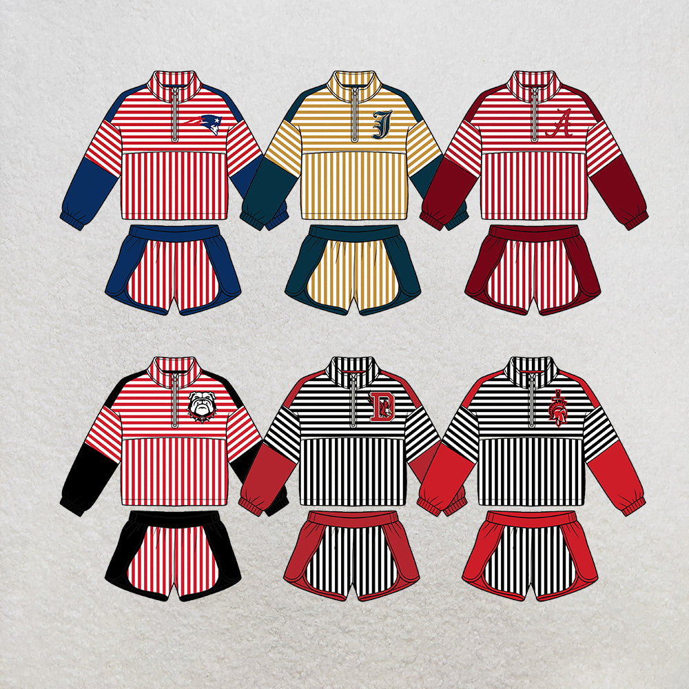 custom moq 5 mix size MSD072506 Baby Girls Stripe Print Zip Pullover Matching Shorts Two Piece Yoga Active Clothes Set