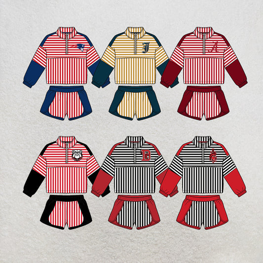 custom moq 5 mix size MSD072506 Baby Girls Stripe Print Zip Pullover Matching Shorts Two Piece Yoga Active Clothes Set