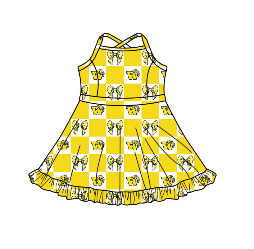 Custom moq 5 mix size milk silk summer teams Checked Bows Yellow Baby Girl Sleeveless Top Skirt Short Set Dress And Shorts Yoga Outfit Boy's Top Shorts Set Romper