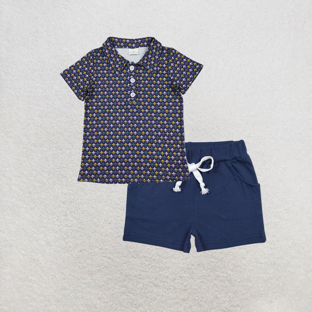 RTS NO MOQ milk silk BT1356+SS0136 Baby Boys Mardigras Anchors Plaid Button Polo Shirts Top Short Set