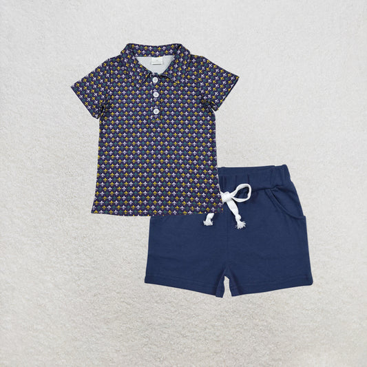 RTS NO MOQ milk silk BT1356+SS0136 Baby Boys Mardigras Anchors Plaid Button Polo Shirts Top Short Set