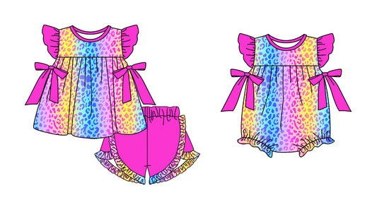 11.14 custom each style moq 5eta 4-6week Sibling Sister leopard baby girl short sleeve shorts sets and rompers match design