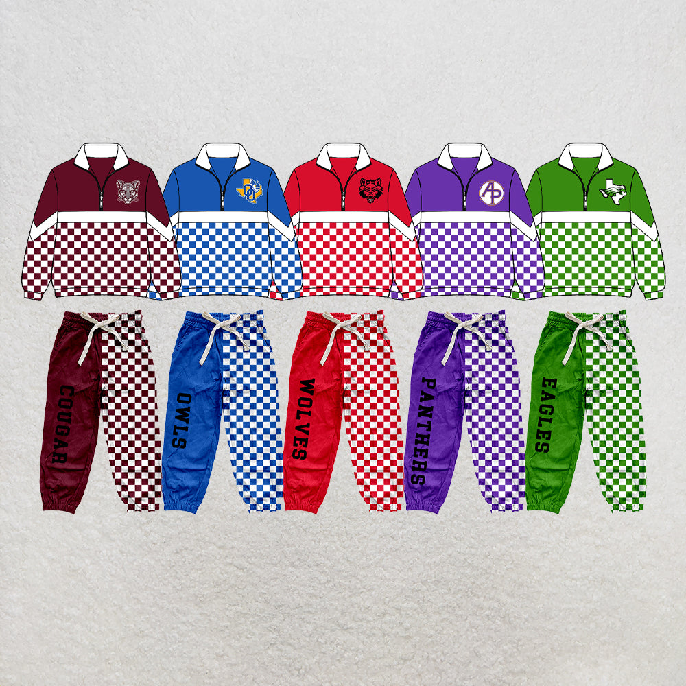 custom moq 5 mix size XY071506 Baby Kids Checked Zipper Long Sleeve Pullover Pants Clothes Set