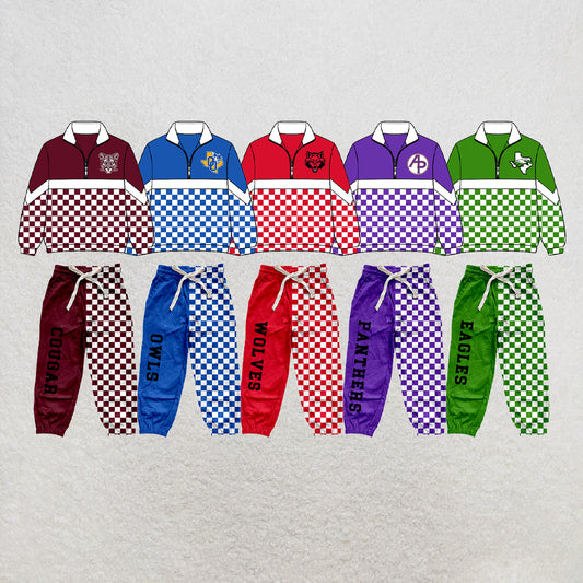 custom moq 5 mix size XY071506 Baby Kids Checked Zipper Long Sleeve Pullover Pants Clothes Set