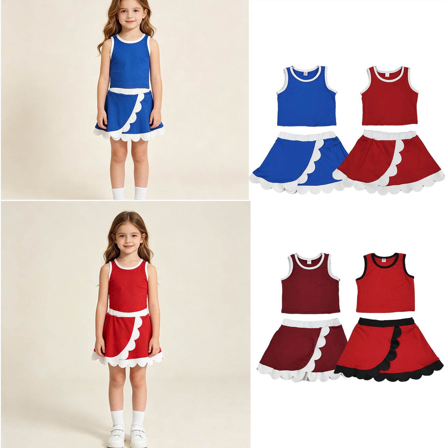 RTS NO MOQ Sibling cotton Baby Girls Scallop Hem Sleeveless Vest Short Skirt Set