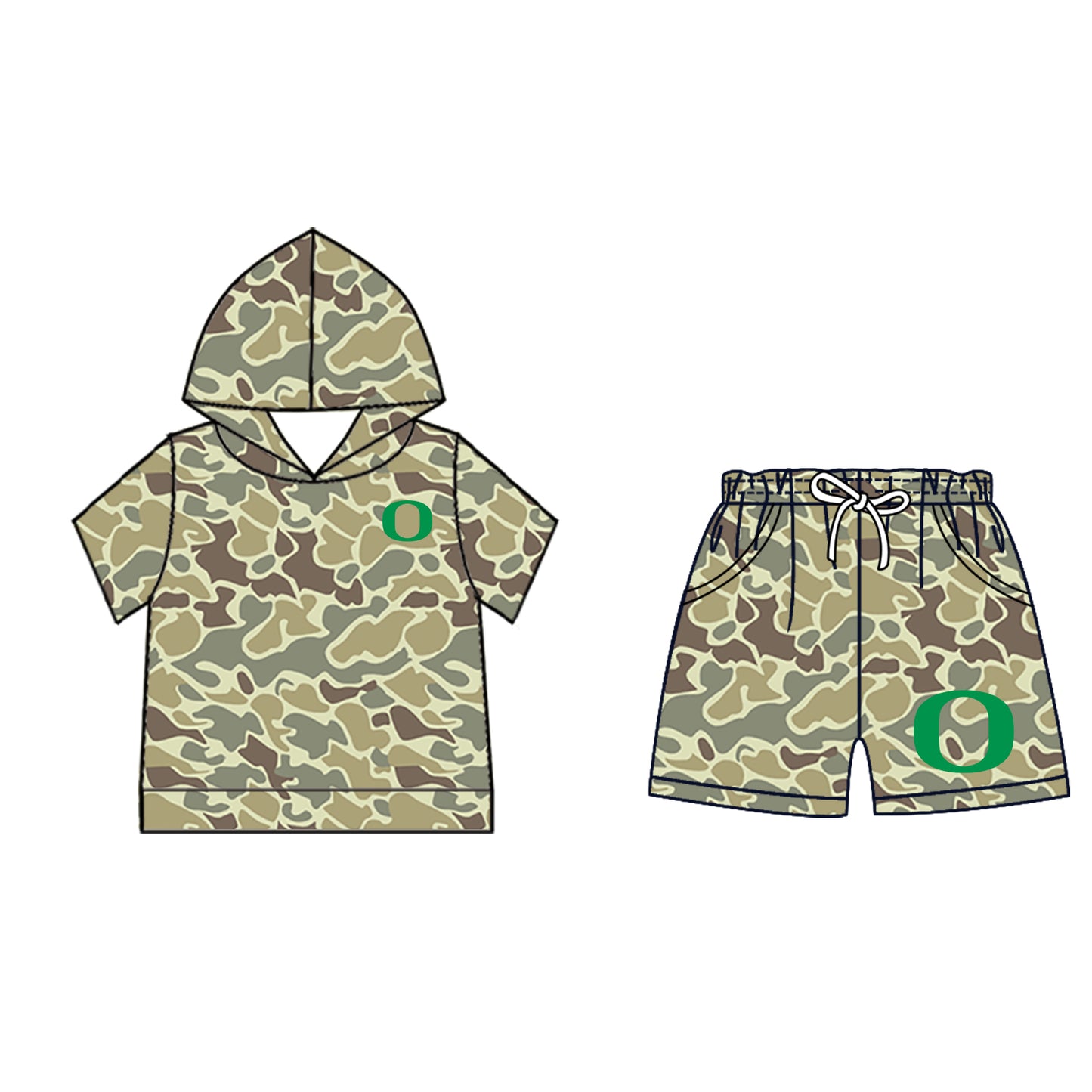 Custom moq 5 mix size milk silk summer teams Camo Hooded Short Sleeve Top Shorts Set Green Ice Cream Drips Hooded Top with Matching Shorts For Baby