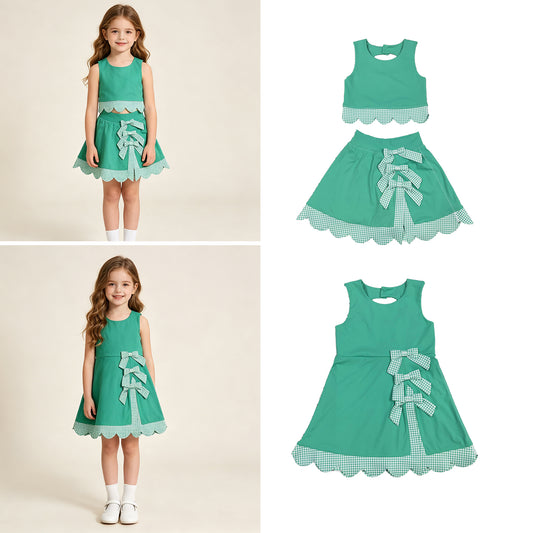 RTS NO MOQ Sibling yoga fabric Girls Green Vest Top Bows Skirt Shorts Yoga Active Scallop Sets Shorts Bows Scallop Knee Length Dresses