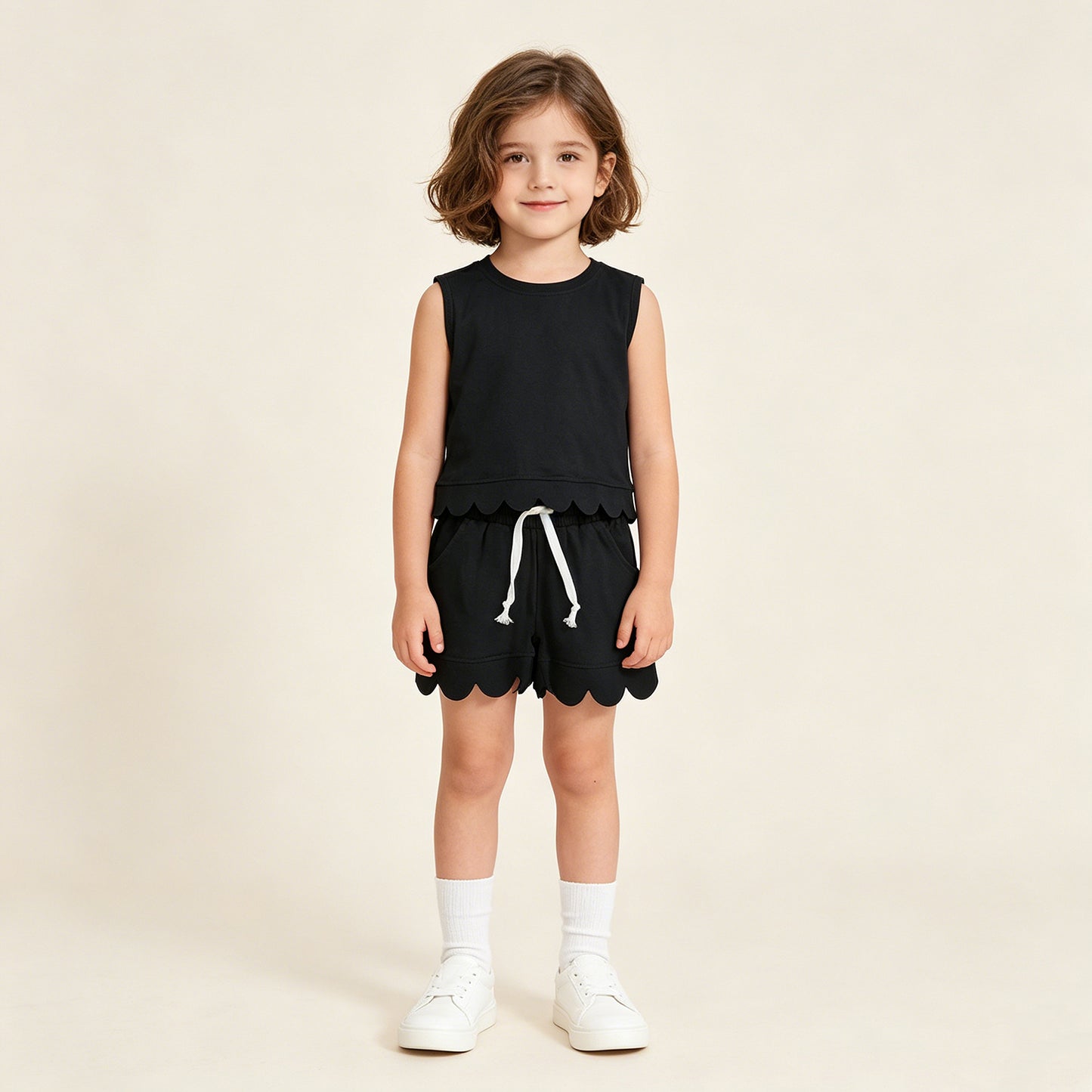 RTS NO MOQ cotton GSSO3733 Baby Girls Black Sleeveless Top Scallop Edge Pocket Short Casual Set