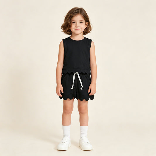 RTS NO MOQ cotton GSSO3733 Baby Girls Black Sleeveless Top Scallop Edge Pocket Short Casual Set