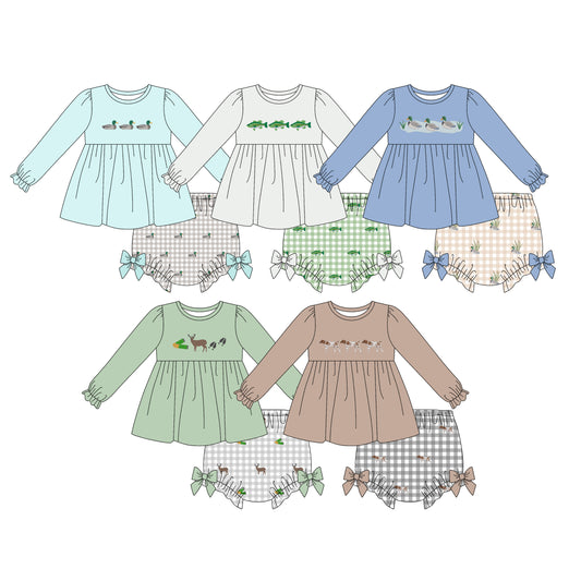 4.15  Custom moq 5 mix size Sibling Baby Girls Ducks Hunting Long Sleeve bummie summer sets