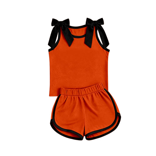 custom moq 5 mix size Baby Girls Black Bow Orange Sleeveless Top Shorts Clothes Set