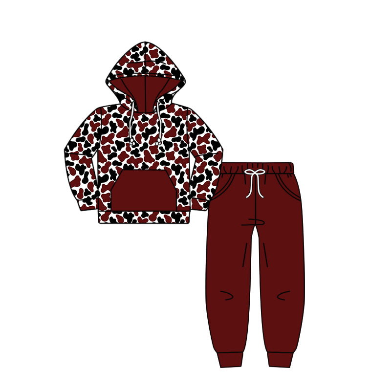 Custom moq 5 mix size milk silk summer teams baby girls clothes camouflage brick red hooded long sleeve pants sets 2 and boy pants sets and pant-25.8.7