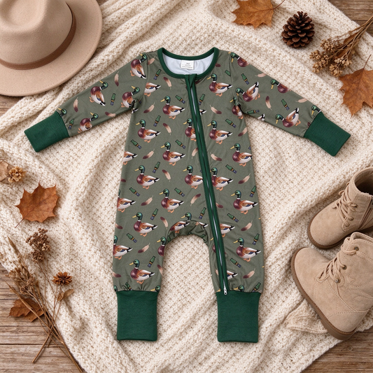 NEW RTS NO MOQ milk silk LR3232 Baby Boys Green Ducks Two Way Zip Convertible Daily Romper