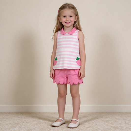 NEW RTS NO MOQ milk silk GSSO3631 Baby Girls Stripe Strawberry Collar Scallop Edge Shorts Set