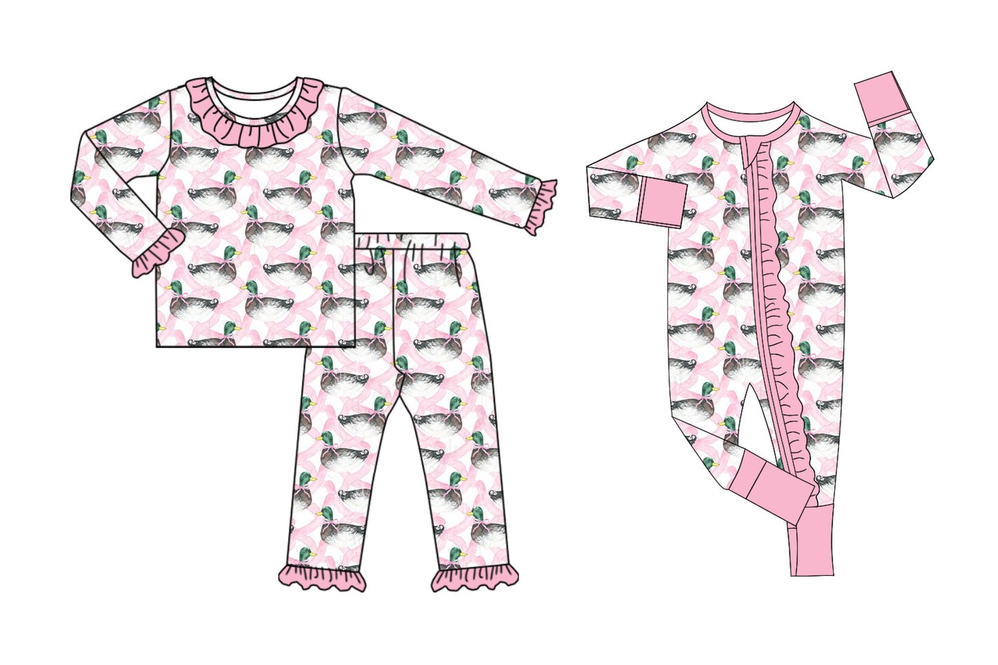 25.5.10 custom each style moq 5eta 4-6week Sibling Sisters duck pink baby girl long sleeve pants sets and rompers match family design