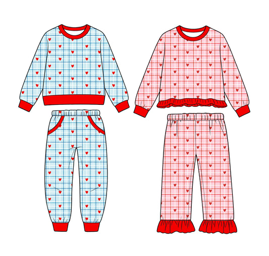 (Preorder new) No moq Baby Girls And Boys Valentines Heart Gingham Print Long Sleeve Sweatshirt And Pant Set