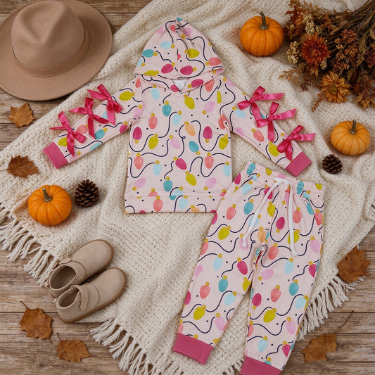 NEW RTS NO MOQ milk silk GLP3613 Baby Girls Colorful Lights Bows Hoodie Pockets Jogger Christmas Casual Set