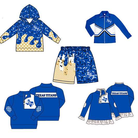 Custom moq 5 mix size milk silk baby girls clothes team blue hooded long sleeve tops and shorts and jacket and top 2-25.7.28