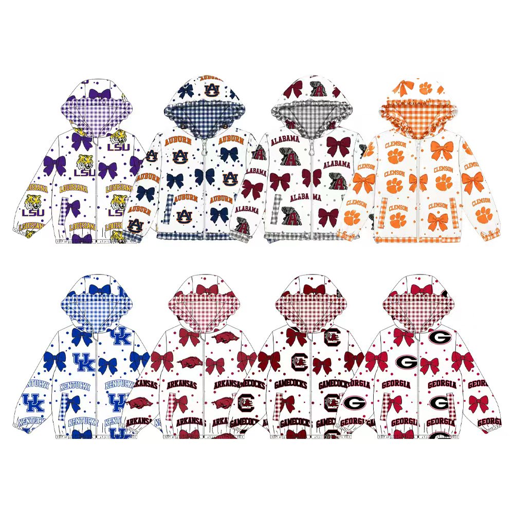 (Preorder new) No moq baby girl College Team Logo Bow Print Zip‑Up Hooded Jacket