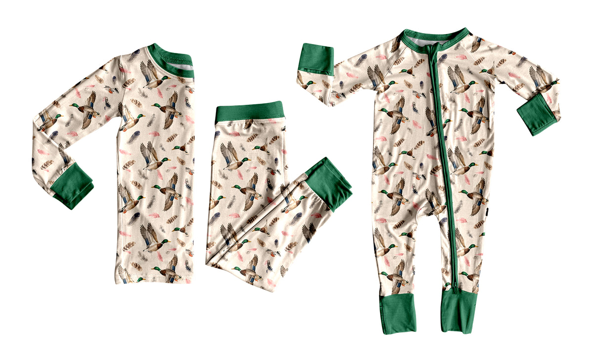 (Preorder new) No moq Baby Boys Duck Feather Print Long Sleeve Pajama Set Zipper Convertible Romper