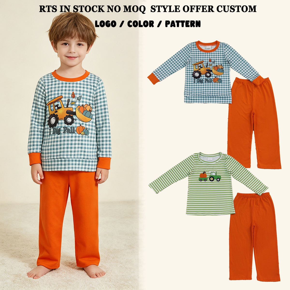 RTS NO MOQ Sibling milk silk Baby Boys Fall Tractor Pumpkin Print Long Sleeve Top And Orange Pants Set