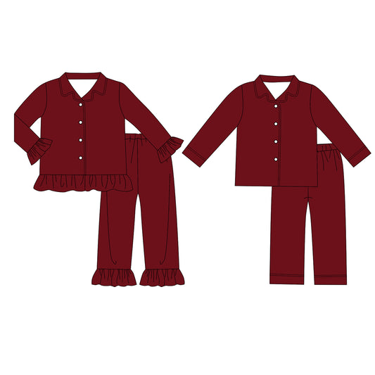 custom moq 5 mix size Baby Boys And Girls Solid Burgundy Long Sleeve Collared Button Down Pant Pajama Set