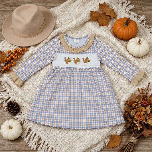 NEW RTS NO MOQ milk silk GLD1667 Embroidery Baby Girls Blue Checked Embroidery Turkey Holiday Knee Length Dress